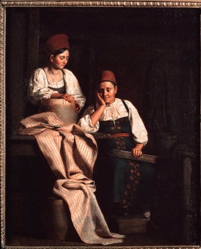 Tejedores - Pintura de Alexei Vasilyevich Tyranov (1808-1859), óleo sobre lienzo, arte ruso del siglo XIX - Galería Estatal Tretyakov, Moscú de Alexei Vasilievich Tyranov