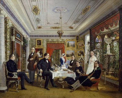 La familia Tarnovskj tomando el té en la mesa de Alexei Yakovlevich Voloskov