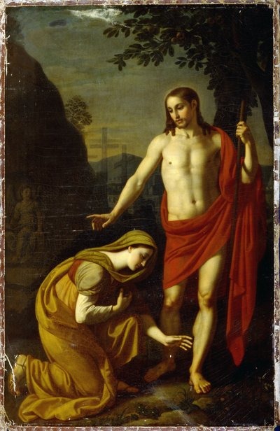 Noli Me Tangere. (No me toques). Palabras de Jesús en el momento de su resurrección, dirigidas a María de Magdala (María Magdalena), al fondo, las cruces de tormento en el monte Gólgota. Pintura de Alexei Yegorovich Yegorov (1776-1851), óleo sobre lienzo de Alexei Yegorovich Yegorov