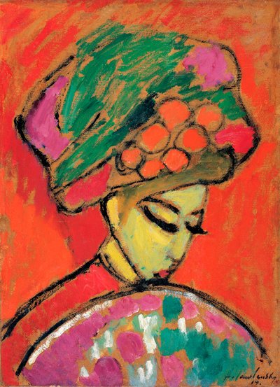Chica joven con sombrero de flores - Pintura de Alexei von Javlensky (1864-1941) óleo sobre cartón, 67,5x49 cm de Alexej von Jawlensky