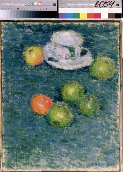 Naturaleza muerta. Manzanas y una taza. (Naturaleza muerta. Manzanas y una taza) Pintura de Alexei von Javlensky (Alexi von Jawlensky, Alexej von Javlenski) (1864-1941), óleo sobre lienzo, hacia 1903. Arte ruso, expresionismo del siglo XX. Galería Estatal  de Alexej von Jawlensky