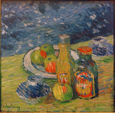 Naturaleza muerta con botellas, frutero y taza de Alexej von Jawlensky