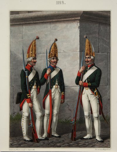 Granaderos del Regimiento Preobrazhensky, Semenovsky e Izmailovsky en 1796-1797, 1840s de Alexey Gavrilovich Petrovsky