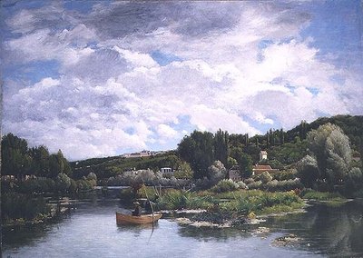 Escena de lago con pescadores y cabañas detrás de Alexina Cherpin