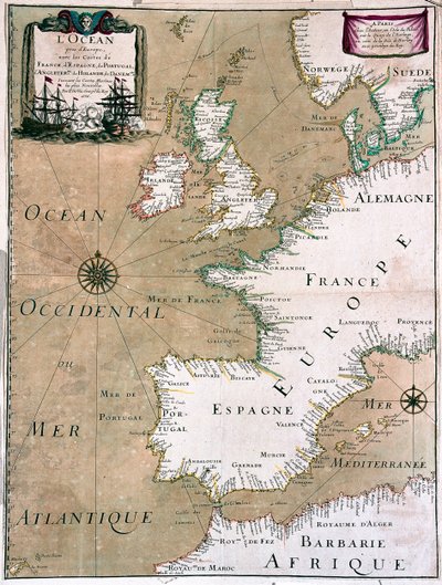 El Océano con la costa de Francia, España, Portugal, Inglaterra, Países Bajos, Dinamarca - por A de Alexis Hubert Jaillot