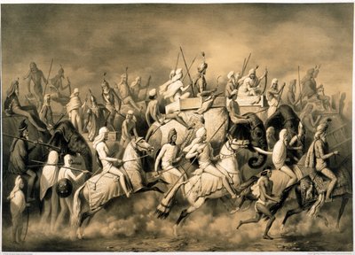 El maharajá Sher Singh del Punjab y su séquito saliendo de caza, ilustración de 