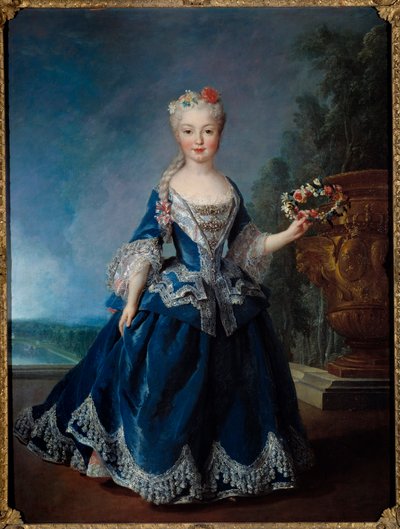 Retrato de cuerpo entero de Marie Anne Victoire, infanta de España, frente al agua de los suizos en Versalles de Alexis Simon Belle