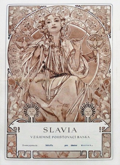Póliza de seguro de la Compañía de Seguros Slavia de Alfons Marie Mucha