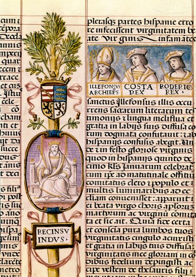 Retrato de Flavius Recceswinth, rey de los visigodos de España desde 653 hasta su muerte en 672, miniatura en "Genealogía de los reyes de España" de Alfonso de Cartagena
