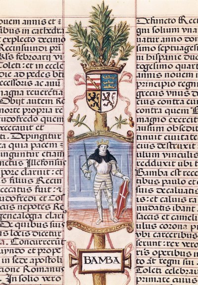 Retrato del rey visigodo Wamba (m. 688, rey de España de 672-680/681, de la "Genealogía de los reyes de España" de Alonso de Cartagena de Alfonso de Cartagena