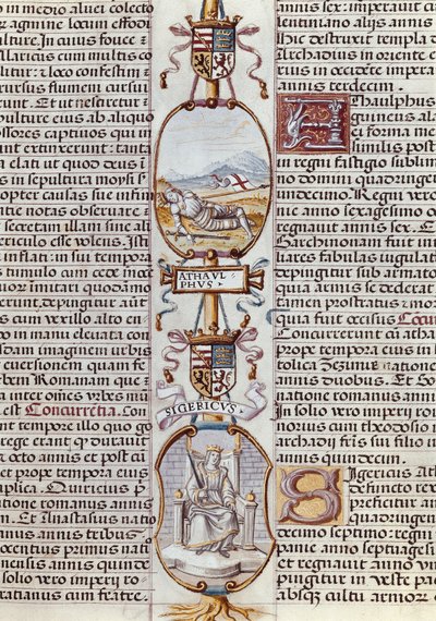 Representación de los reyes visigodos Ataúlfo y Sigerico, de la "Genealogía de los reyes de España" de Alonso de Cartagena de Alfonso de Cartagena
