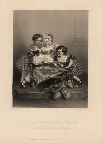 Conde de Dalkeith (William Henry), Henry John y Walter Charles Scott Douglas, hijos del 5º Duque de Buccleuch, 7º Duque de Queensberry. Dos hijos visten vestidos de tartán con cintas, con el más joven en un gorro y vestido de satén. Grabado en acero por H. de Alfred Edward (after) Chalon