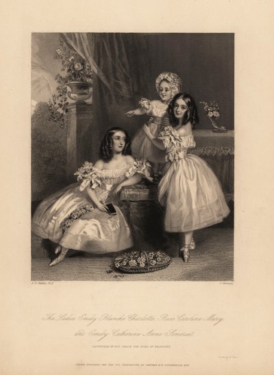 Retrato de Emily Blanche Charlotte, Rose Caroline y Emily Catherine Anne Somerset, hijas de Henry Somerset, 7º Duque de Beaufort. Tres jóvenes hermanas con rizos en vestidos de satén con cintas y encajes, zapatos de ballet. Grabado en acero por J. Thomson de Alfred Edward (after) Chalon
