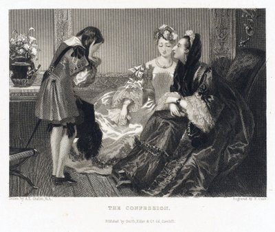 La confesión, relativa a un cuento del mismo título, una mujer con un gran vestido negro se inclina hacia delante para escuchar la confesión de un joven, que se cubre la cara con las manos de Alfred Edward (after) Chalon