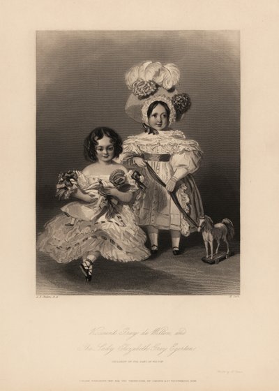 Vizconde Grey de Wilton y Elizabeth Grey Egerton, hijos de Thomas Egerton, 2º Conde de Wilton. Hija con rizos y vestido con volantes sosteniendo una muñeca, y hijo con vestido y gorro de plumas sosteniendo una cinta atada a un caballo de juguete. Grabado e de Alfred Edward (after) Chalon
