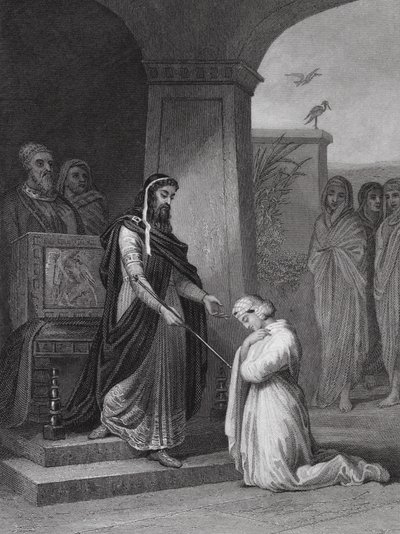 Ester ante el rey Asuero, Ester, cap. 15, v. 11 (grabado) de Alfred (after) Johannot