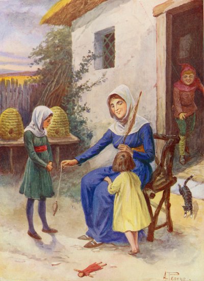 Merrie England: Aprender a hilar (litografía en color) de Alfred (after) Pearse