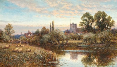 Ovejas pastando frente a la iglesia de Wrotham, al atardecer de Alfred Augustus Glendening