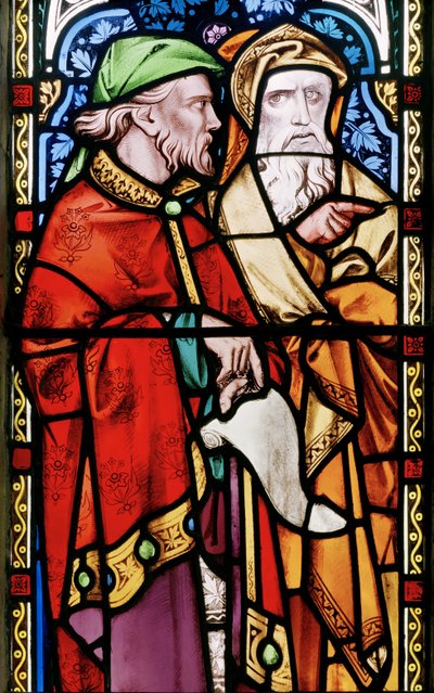 Dos hombres escuchando a Juan el Bautista predicando (detalle de la ventana este) de Alfred Bell