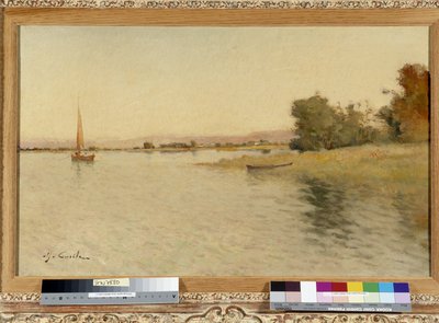 Barco y velero en la orilla del lago Pintura de Alfred Casile (1848-1909) Siglo XX Mención obligatoria: Colección fundación regards de Provence, Marsella de Alfred Casile