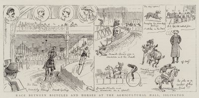 Carrera entre bicicletas y caballos en el Agricultural Hall, Islington de Alfred Chantrey Corbould