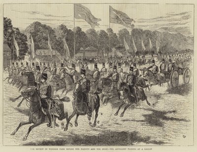 La revisión en el Parque de Windsor ante Su Majestad y el Shah, la artillería pasando al galope (grabado) de Alfred Chantrey Corbould