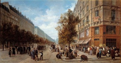 Sede de París: Cola en la puerta de una tienda de comestibles (Felix Potin) en la esquina de Rue Reaumur y Boulevard Sebastopol en noviembre de 1870 de Alfred Charles Ferdinand Decaen