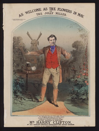Tan bienvenido como las flores en mayo, o El alegre molinero, compuesto y cantado por Harry Clifton, portada de música victoriana de Alfred Concanen
