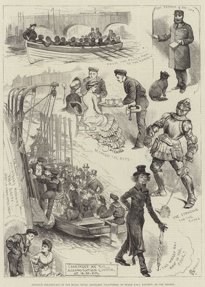 Teatrales aficionados de los Voluntarios de Artillería Naval Real, a bordo del HMS Rainbow, en el Támesis de Alfred Courbould