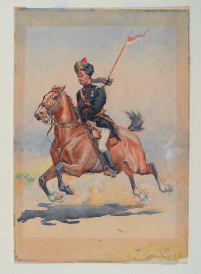 Un Jat Sowar de la 6ª Caballería montado, galopando, con lanza de Alfred Crowdy Lovett