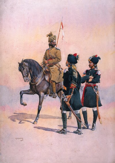 Soldado de los 37º Lanceros (Baluch Horse) Baluch, el 36º Caballo de Jacob Pathan y el 35º Caballo de Scinde, Kot Daffadar Baluch, ilustración para 