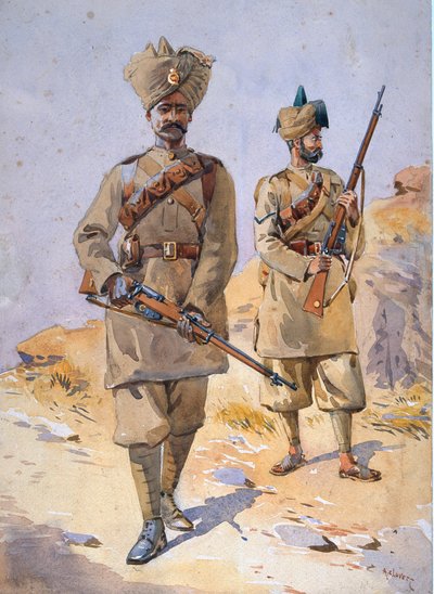 Soldados del 30º Punjabis, Awan y el 20º de Infantería del Duque de Cambridge, ilustración para 