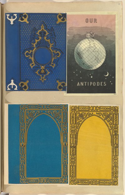 Cuatro portadas de libros litografiadas, una para Nuestros Antípodas, 1845-70 de Alfred Crowquill