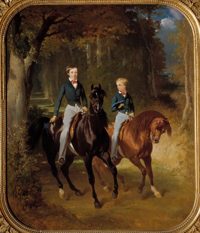 Retrato ecuestre de Luis Felipe Alberto de Orleans, Conde de París (1834-1894) y Roberto de Orleans, Duque de Chartres (1840-1910) en el parque de Claremont. Pintura de Alfred de Dreux (1810-1860) 1849 de Alfred Dedreux