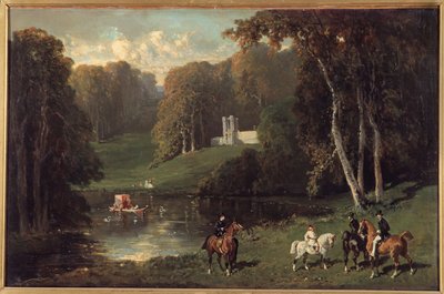 Jinetes y Amazonas en las orillas de un lago Pintura de Alfred de Dreux (1810-1860) de Alfred Dedreux