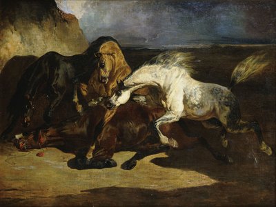 Caballos luchando en un paisaje tormentoso de Alfred Dedreux