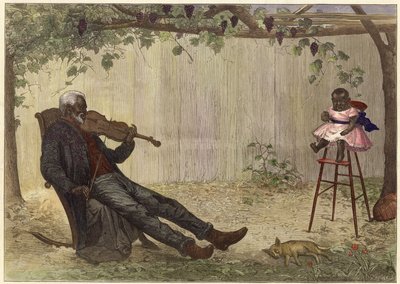 Viejo negro tocando el violín a un bebé (grabado en color) de Alfred Edward (after) Emslie