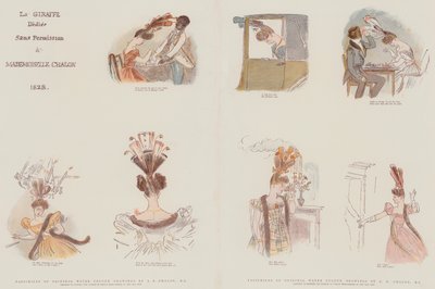 Facsímiles de dibujos originales en acuarela, diseñados para satirizar la moda en tocados femeninos del año 1828 de Alfred Edward Chalon