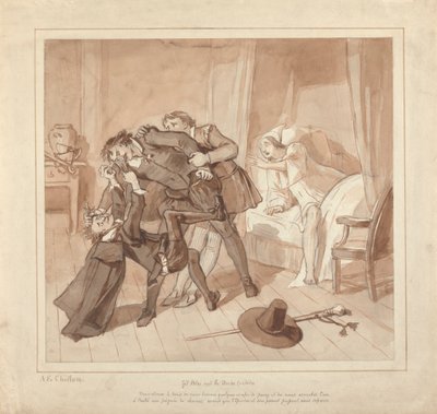 Gil Blas, mientras ejerce la medicina con el Dr. Sangrado, encuentra al Dr. Cuchillo en la cama del tendero de Alfred Edward Chalon