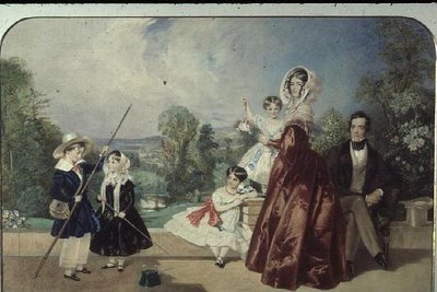 El Sr. y la Sra. George Knott, con cuatro niños, en la Terraza de Bohun Lodge, New Barnet de Alfred Edward Chalon