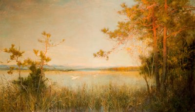 Reedy Mere y colinas iluminadas por el sol, 1890-91 de Alfred Edward East