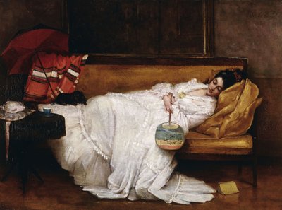 Una niña con un abanico japonés dormida en un sofá de Alfred Emile Stevens