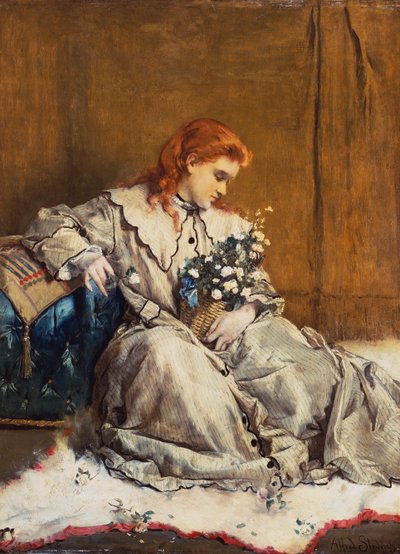 Ensoñación, joven pelirroja con otomana azul de Alfred Emile Stevens