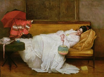Niña en un vestido blanco descansando en un sofá de Alfred Emile Stevens