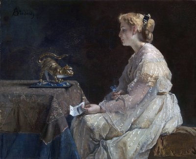 ""El presente"" Una mujer joven que descubre una estatuilla de gato - Pintura de Alfred Stevens (1823-1906) alrededor de 1870 Galería Nacional de Londres de Alfred Emile Stevens