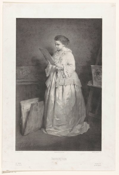 Una mujer joven mira una estampa o un dibujo
Indiscrétion (título en el objeto) de Alfred François Lemoine