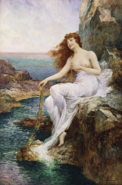 Una ninfa marina sentada en una roca con una cinta de algas marinas de Alfred Glendening