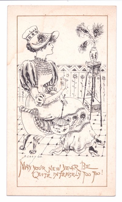 Tarjeta de Año Nuevo victoriana de un esteta admirando un jarrón de plumas de pavo real, c.1881 (monocromo) de Alfred Gray