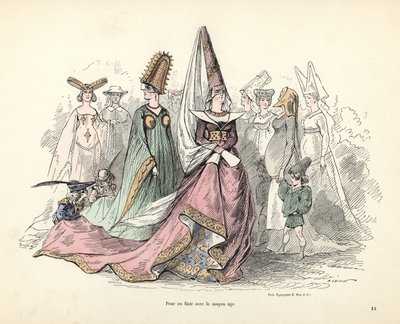 Caricaturas de disfraces de mujeres y niños en la edad media de Alfred Grevin