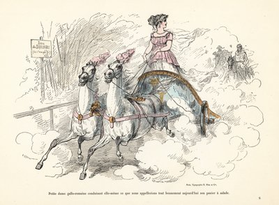 Mujer galorromana montando un carro de dos caballos biga en el Bois de de Alfred Grevin